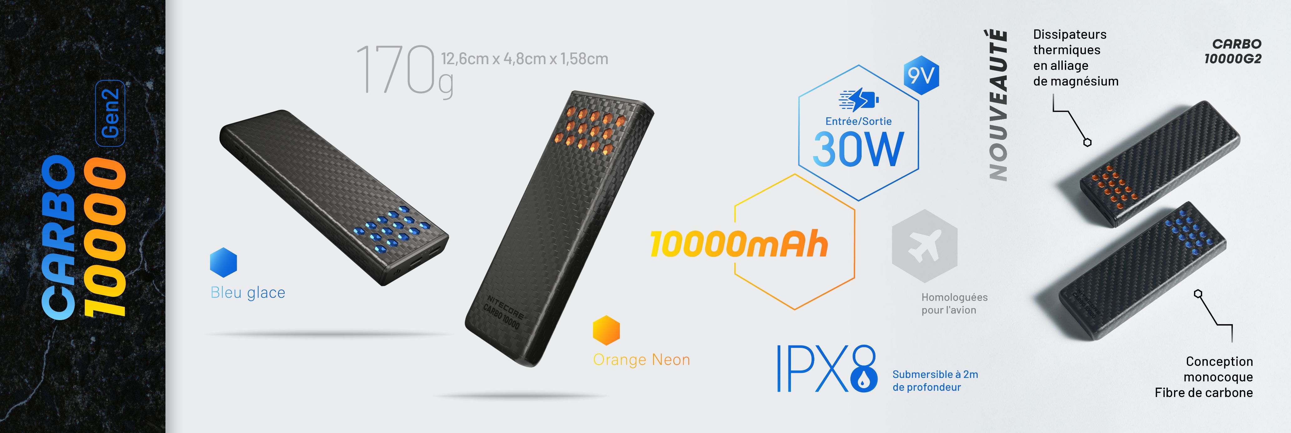 Nouvelles batteries externes orange et bleue CARBO 10000G2