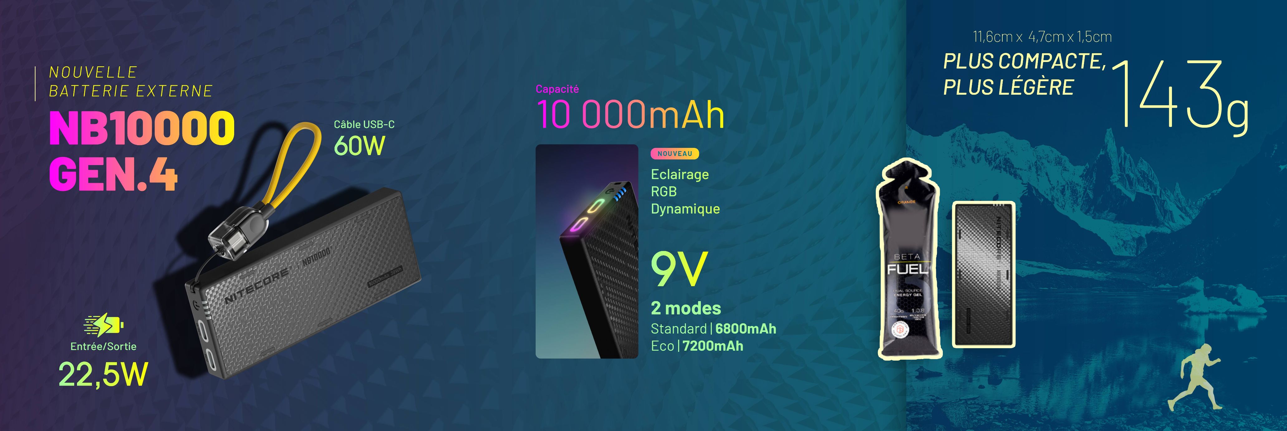 Nouvelle batterie externe NB10000G4 10000mAh, 143g, 9V et 2 ports usb-c � 22,5W 