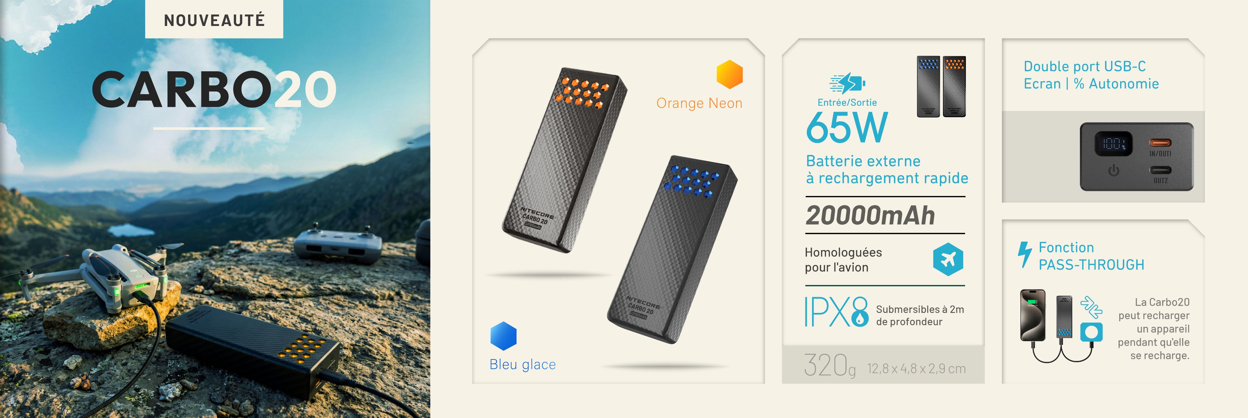 Carbo20 batterie externe en carbone 20000mAh charge rapide 65W