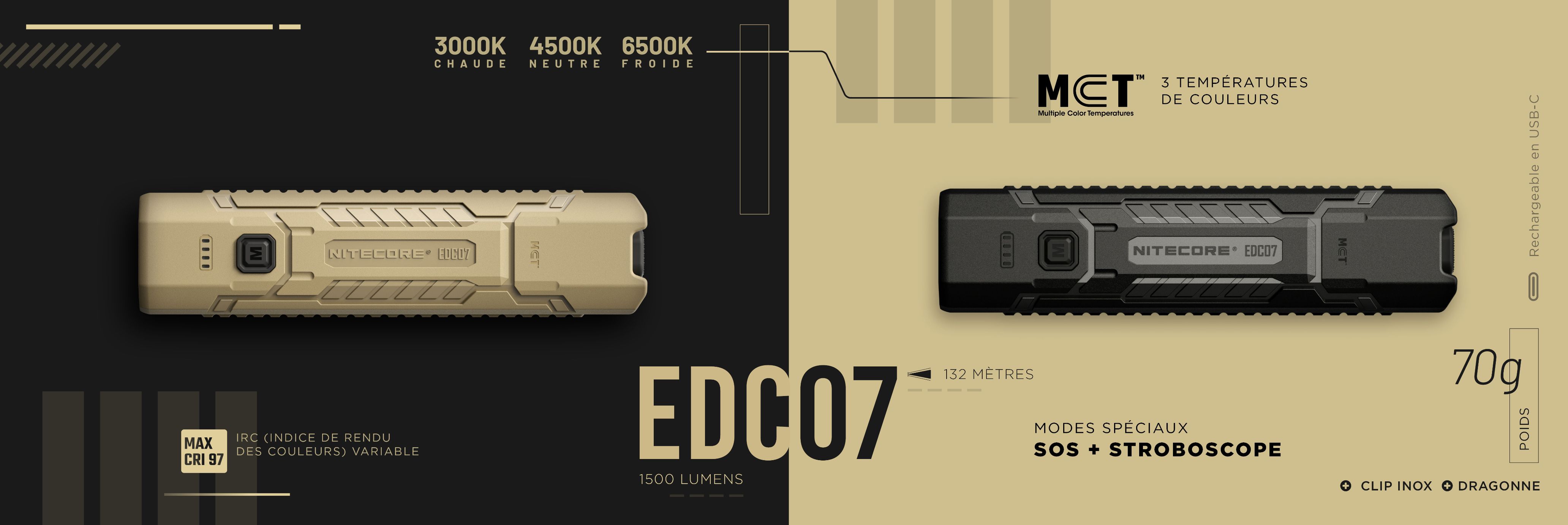 Nouvelle lampe torche EDC07 coloris Tan ou Noire, 1500 lumens, et 132m de port�e