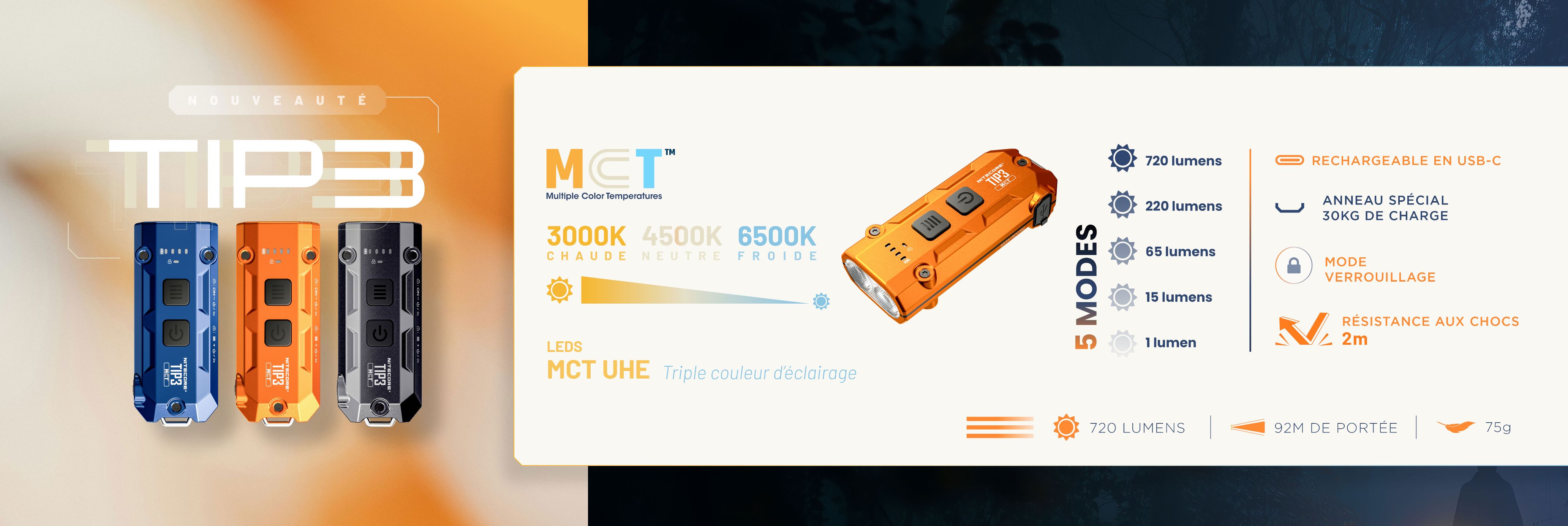 Nouvelle lampe porte-cl� TIP3 � triple temp�rature de couleur